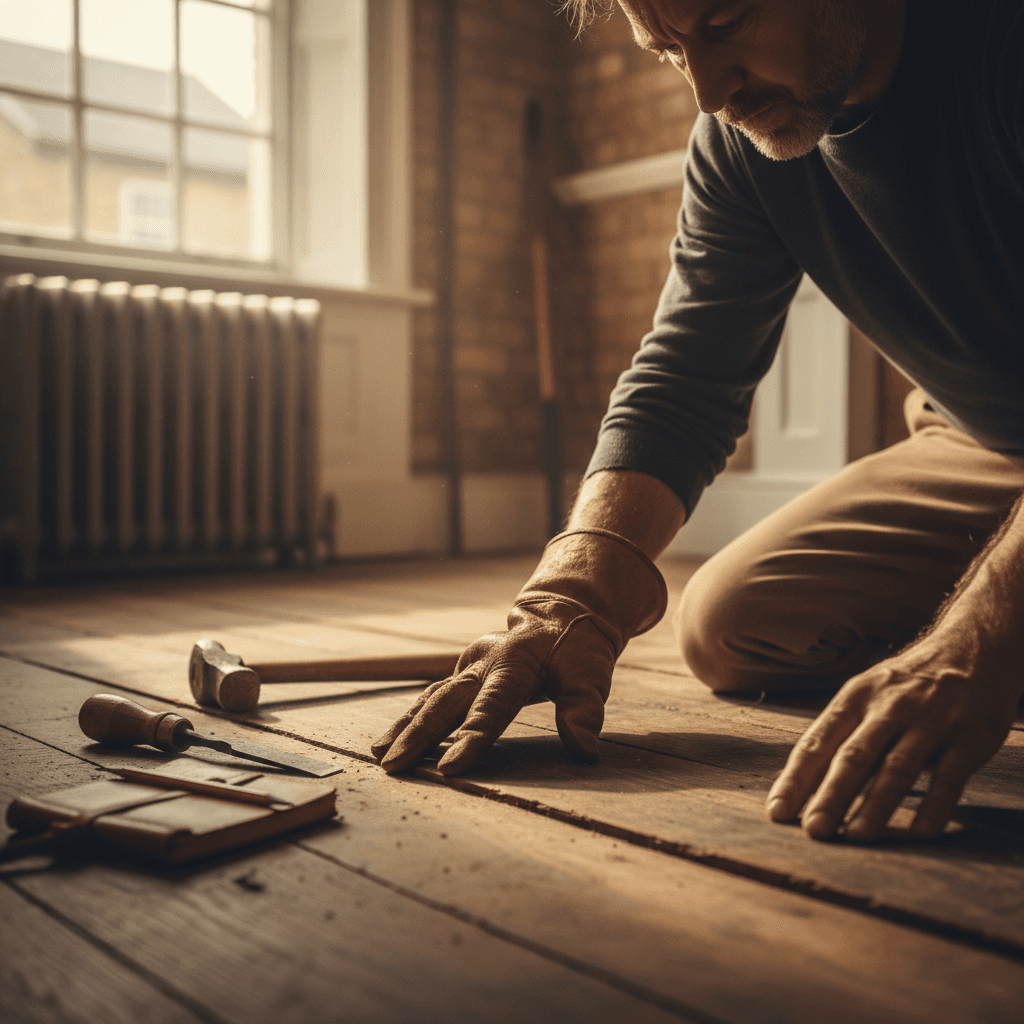 Close up of hands inspecting original Victorian floorboards in a London home renovation