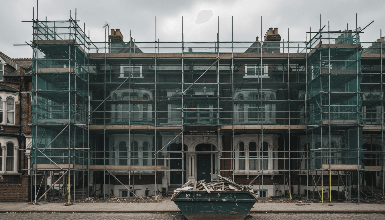 Wide shot of a scaffold-covered Victorian terrace house in south London