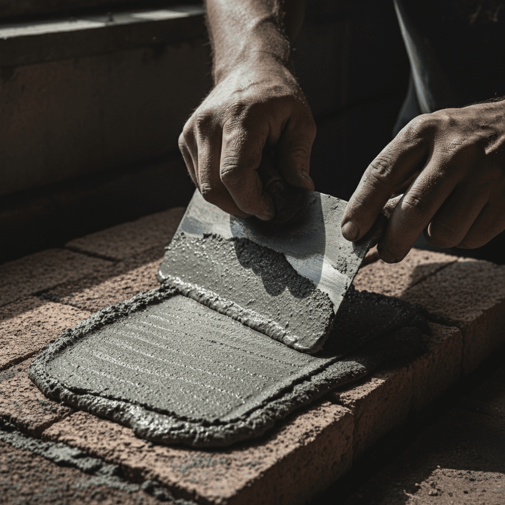 Close-up of a trowel spreading cement on a brick during a construction project