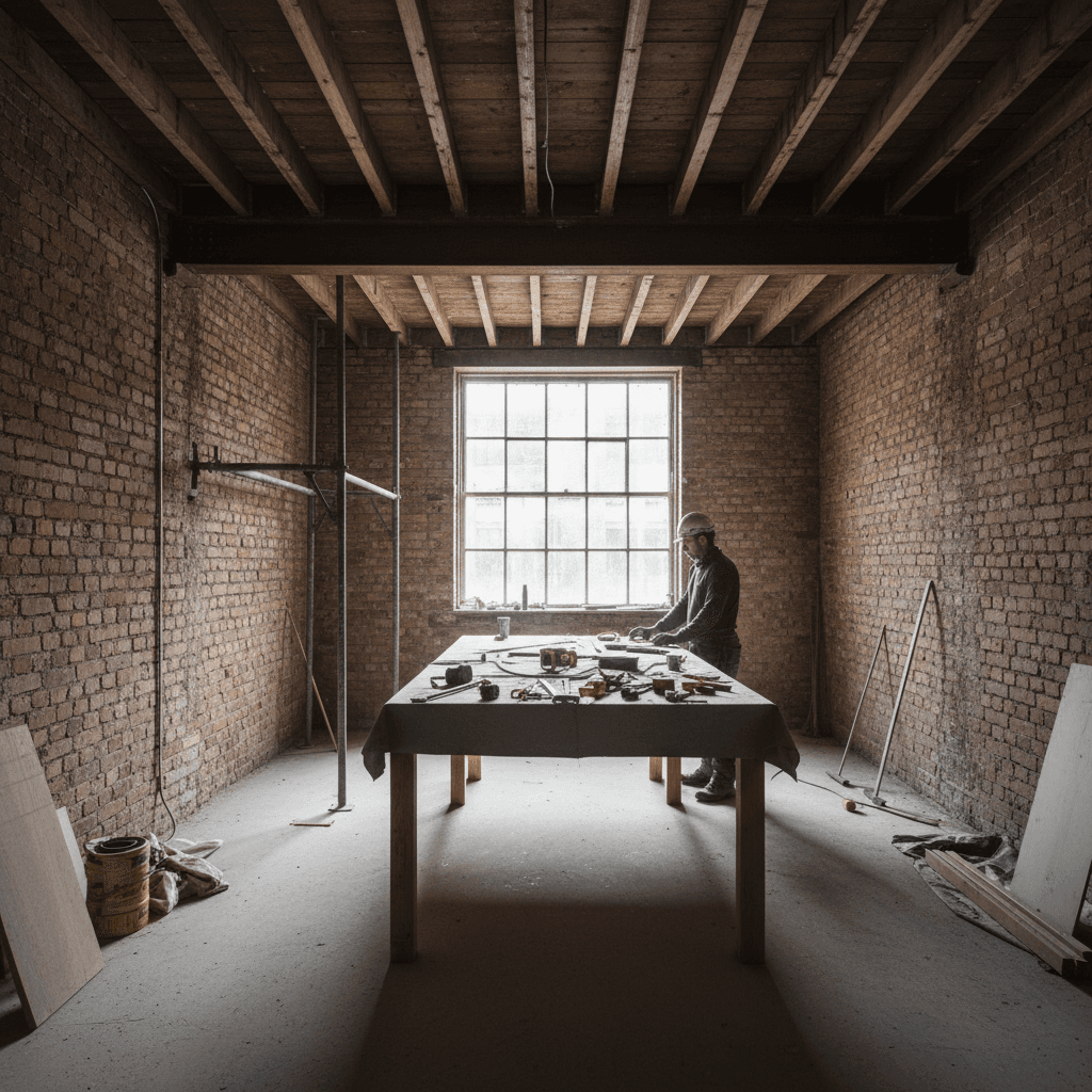 Partial kitchen renovation in progress in a London home with exposed brick