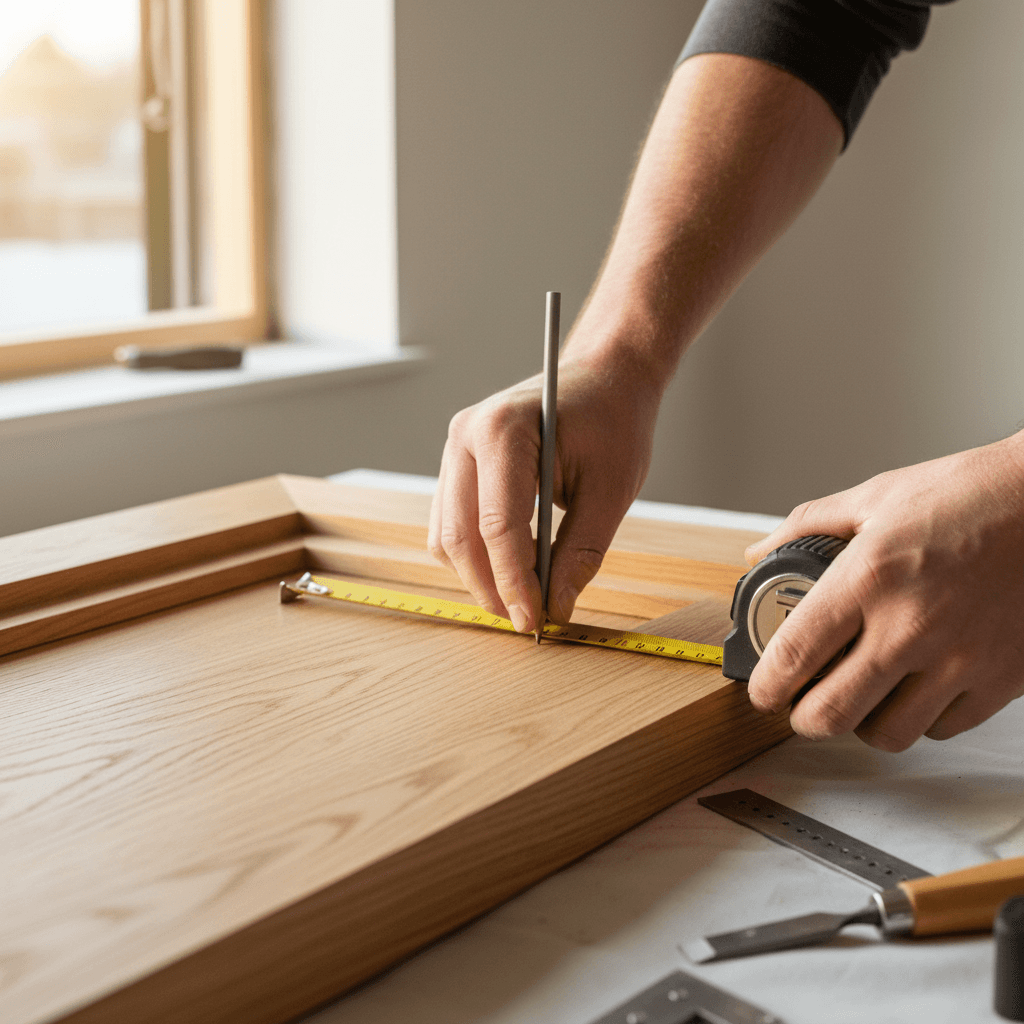 Carpenter measuring timber frame during a room renovation in London