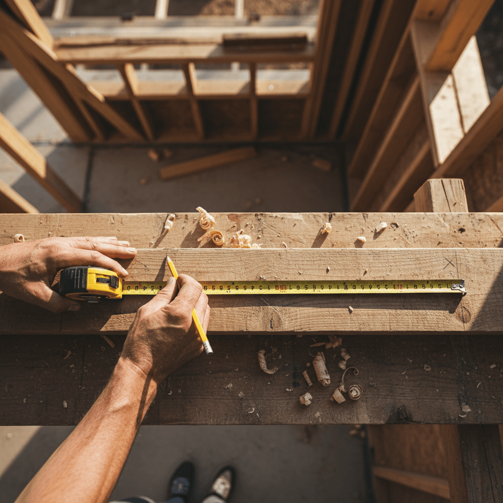 Builder measuring timber with tape measure on site