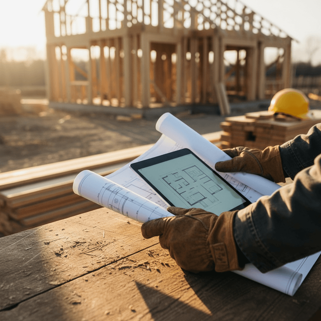 Hands holding a blueprint on a job site