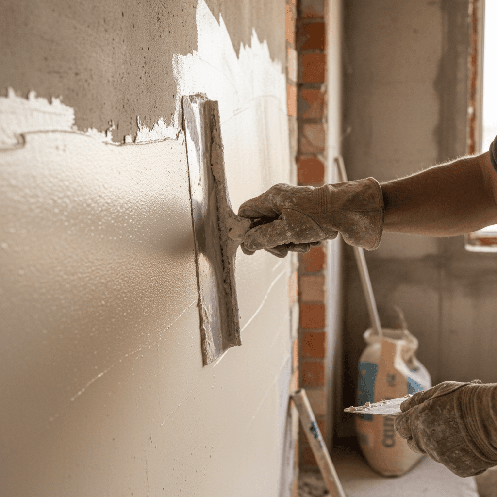 Skilled plasterer applying finish coat to a wall in a London home renovation